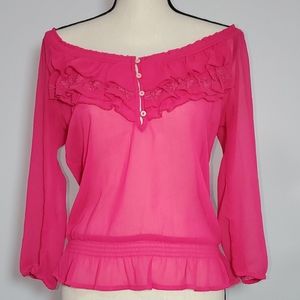 Vintage Y2K Hollister Pink Blouse with Elegant Ruffled Neckline